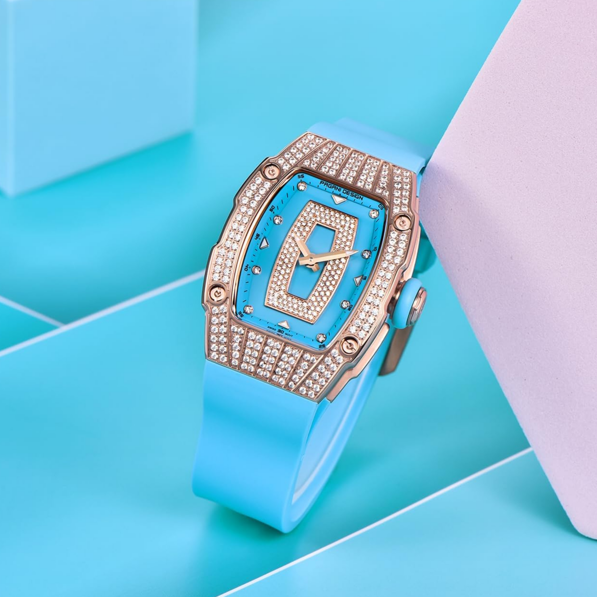 Pagani Design PD-YS013 Bergani Fashion Women's Diamond Inlaid Watch Waterproof Sports Waterproof Night Glow Trend Silicone Women's Watch - Gold Blue