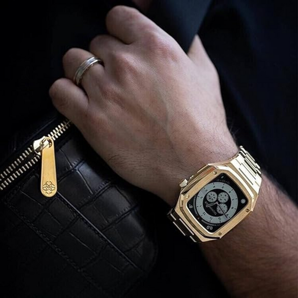 Luxury Metal Mod Kit For Apple Watch | Case With Jewels, Rubber & Stainless Steel Straps | Apple Watch SE/3/4/5/6 Accessory - 45 Mm| Golden Case - Golden Band