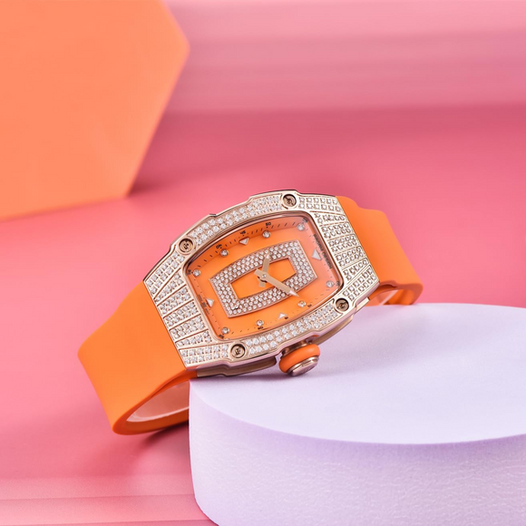 Pagani Design PD-YS013 Bergani Fashion Women's Diamond Inlaid Watch Waterproof Sports Waterproof Night Glow Trend Silicone Women's Watch - Gold Orange