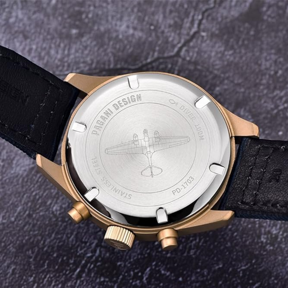 Pagani Design PD-1703 42MM Pilot Chronograph Men's with Seiko VK67 Quartz Watch with Crystal AR Coating - Black Dial With Black Leather Strap