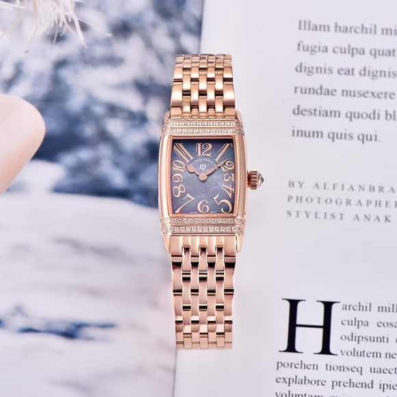 Pagani Design PD-1737 Women's Quartz Watches 22mm with Stone Set Rectangle Case, Analogue Display and Stainless Steel Ladies Watch - Gold MOP Purple