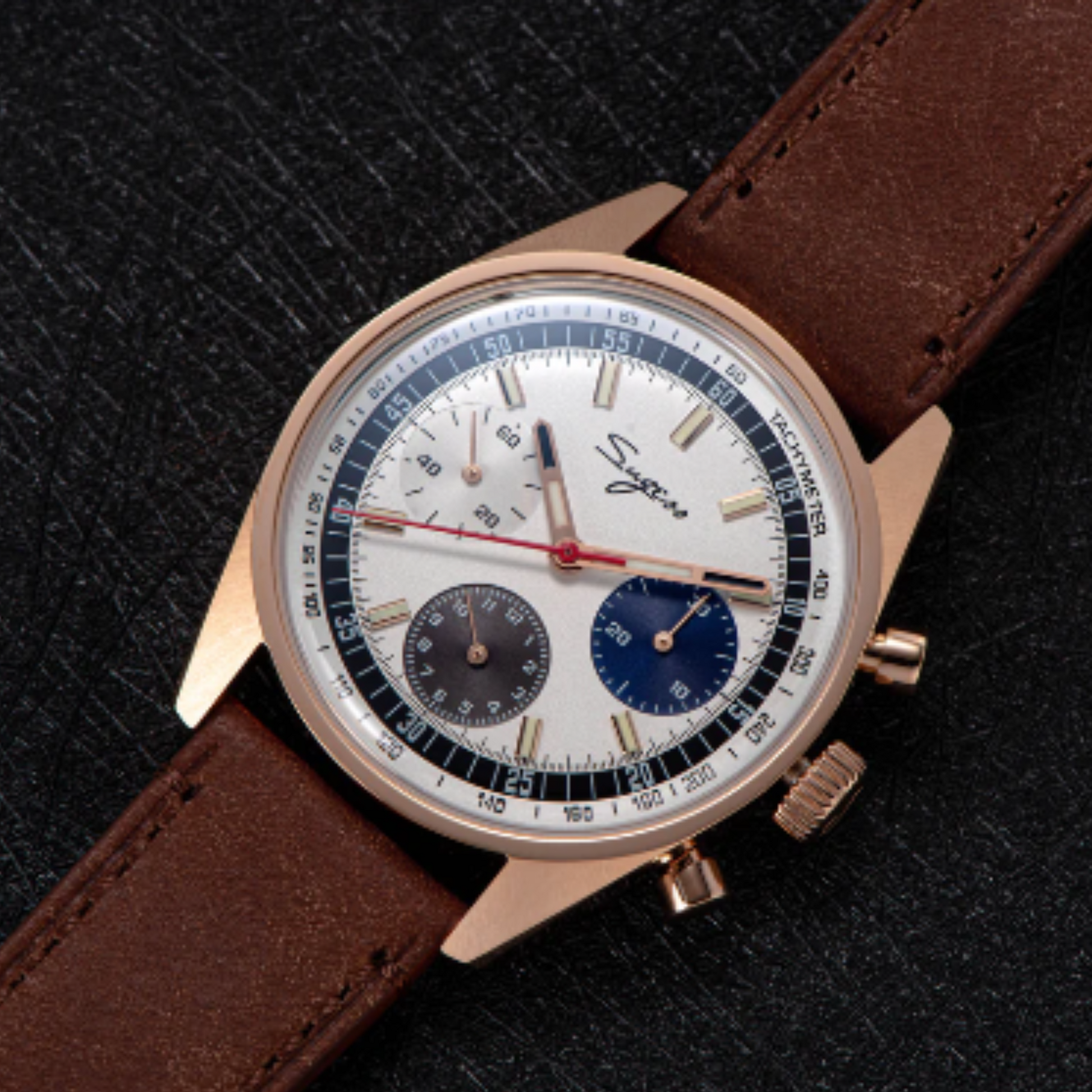 Sugess Chrono Heritage 442 Chronograph Special Dial Swan Neck Regulator White Dial with Brown Strap