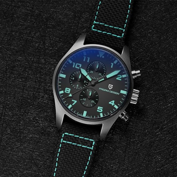 Pagani Design PD-1703 42MM Pilot Chronograph Men's with Seiko VK67 Quartz Watch with Crystal AR Coating - Black Dial With Black Nylon Strap