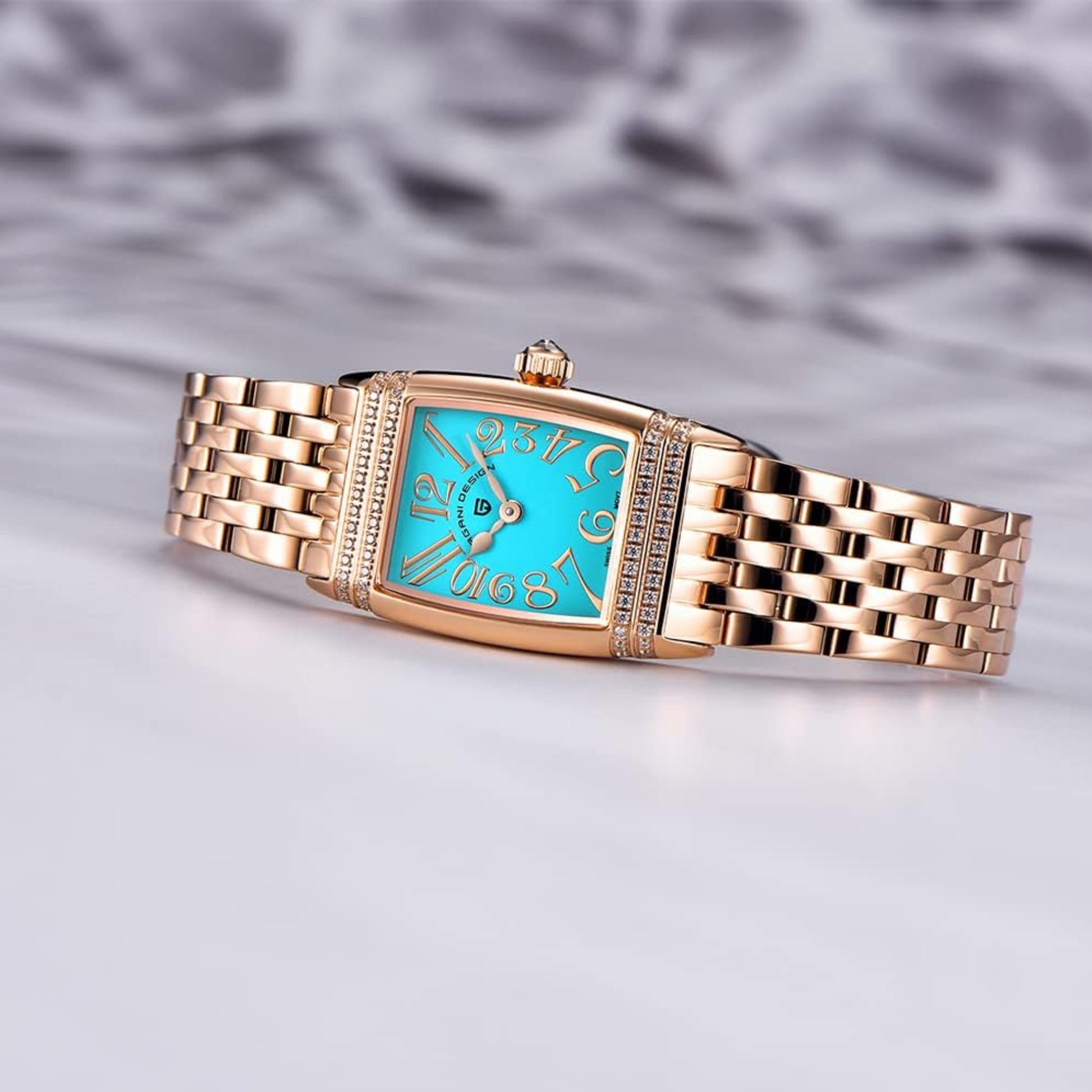 Pagani Design PD-1737 Women's Quartz Watches 22mm with Stone Set Rectangle Case, Analogue Display and Stainless Steel Ladies Watch - Gold Tiffany-Blue