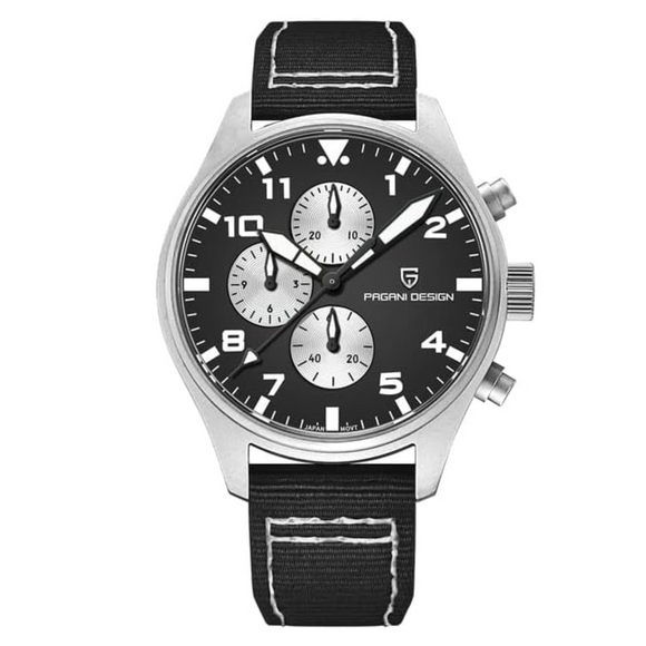 Pagani Design PD-1703 42MM Pilot Chronograph Men's with Seiko VK67 Quartz Watch with Crystal AR Coating - Black Dial With Black Nylon Strap