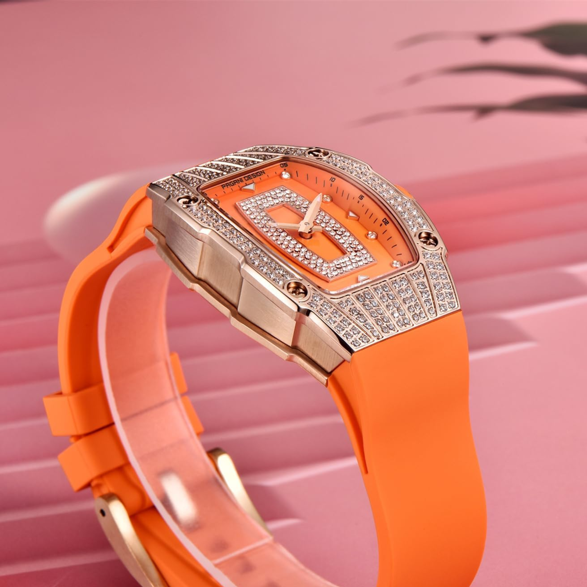 Pagani Design PD-YS013 Bergani Fashion Women's Diamond Inlaid Watch Waterproof Sports Waterproof Night Glow Trend Silicone Women's Watch - Gold Orange