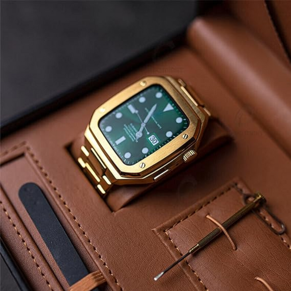 Luxury Metal Mod Kit For Apple Watch | Case With Jewels, Rubber & Stainless Steel Straps | Apple Watch SE/3/4/5/6 Accessory - 45 Mm| Golden Case - Golden Band