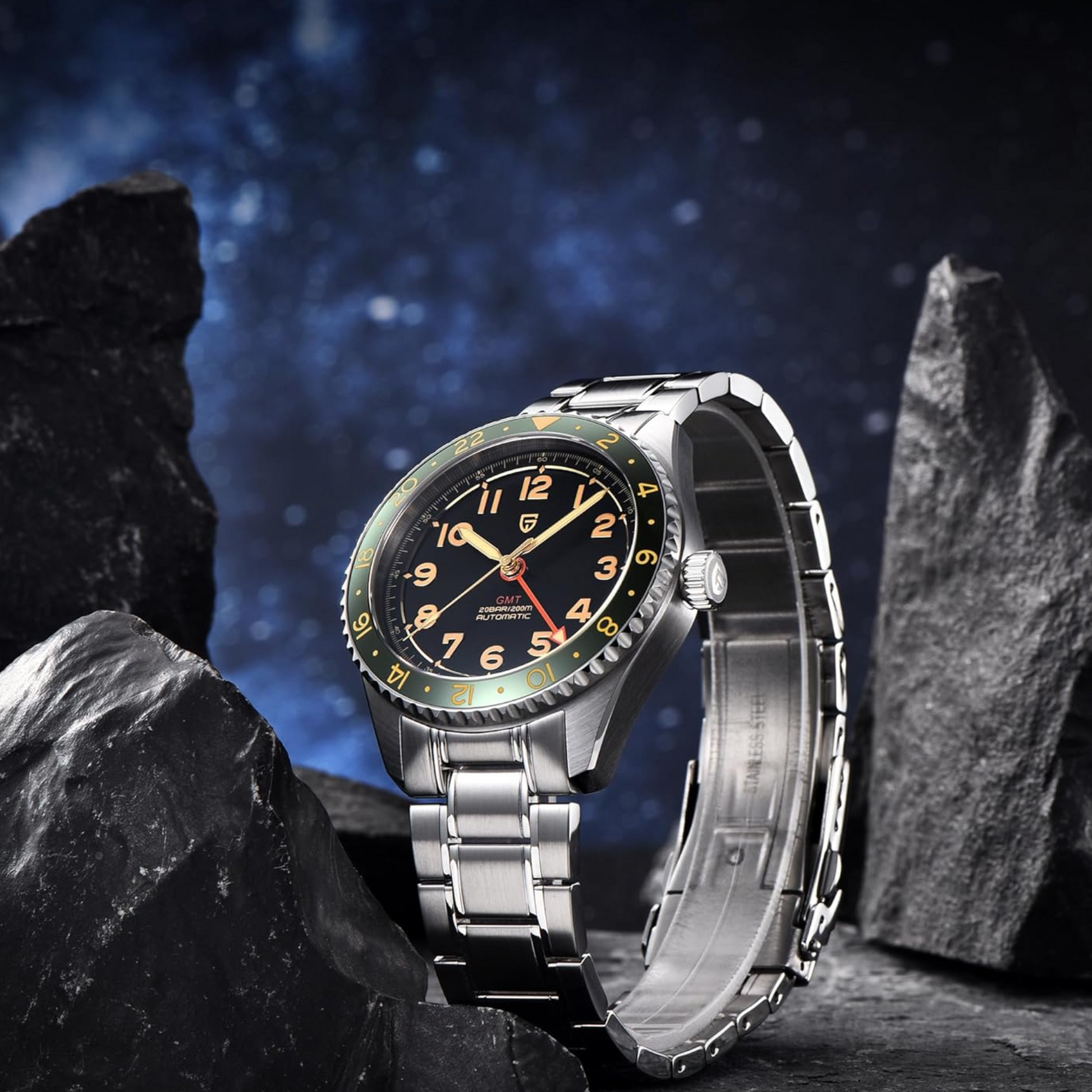 Pagani Design PD-1784 Men's Automatic Mechanical Watch NH34 Japanese Movement GMT Stainless Steel 200M Waterproof Business Watch 40mm - Green Dial