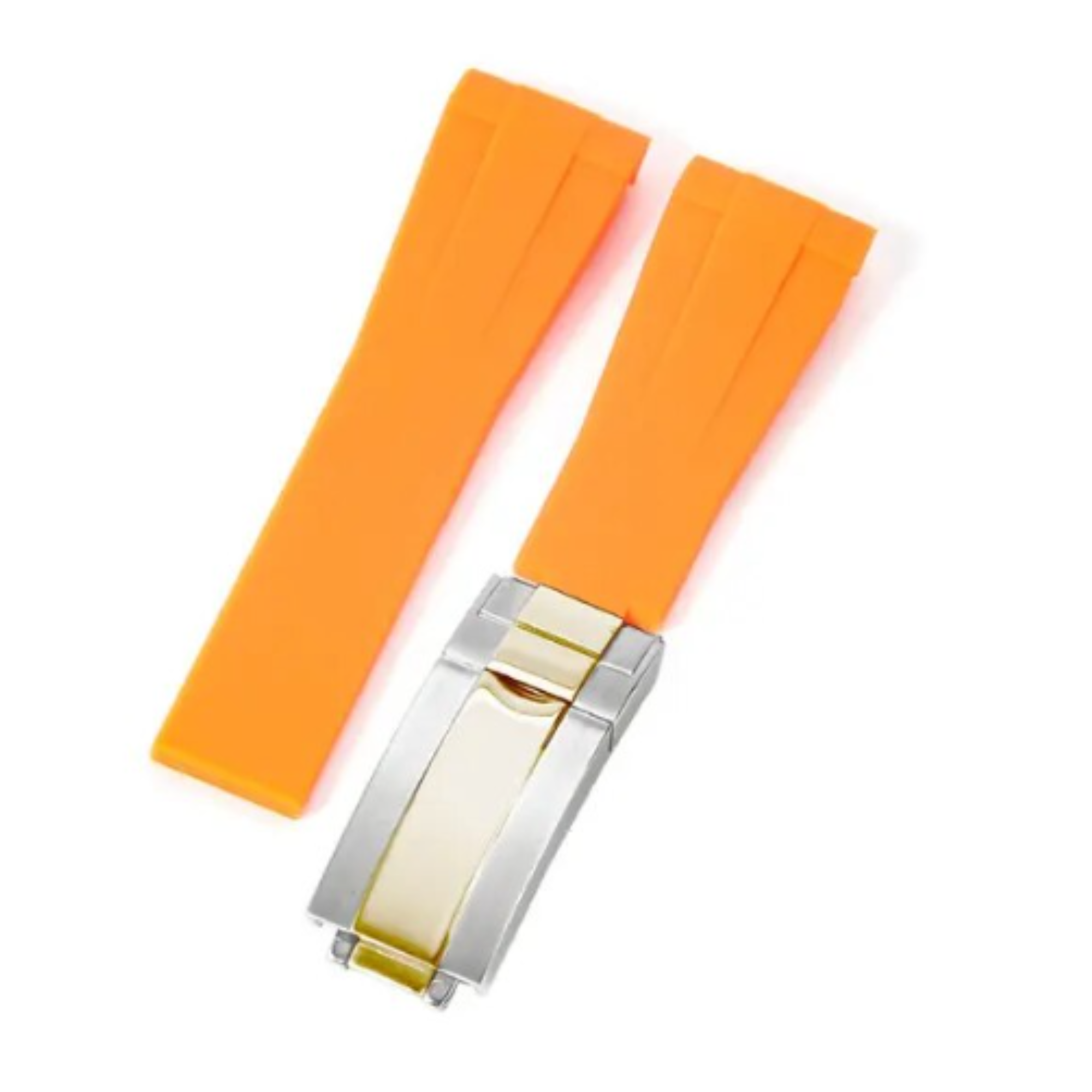 High End Curved FKM Rubber Watch Band with Oyster Style Deployment Clasp: 20 mm - Orange with Gold Dual tone
