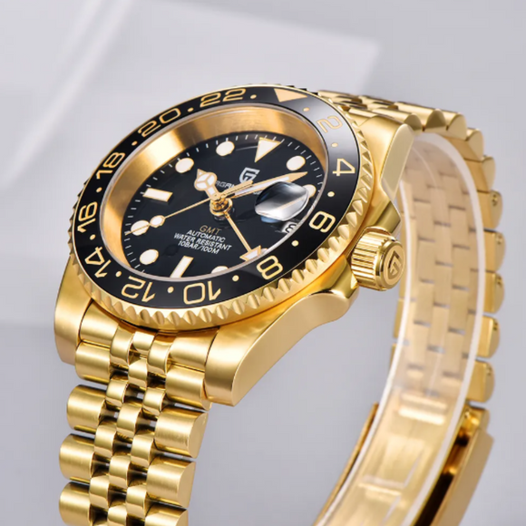 PAGANI DESIGN  PD-1662 V5 Ceramic Bezel Automatic 100M Waterproof GMT Watch for Men - Black/Golden