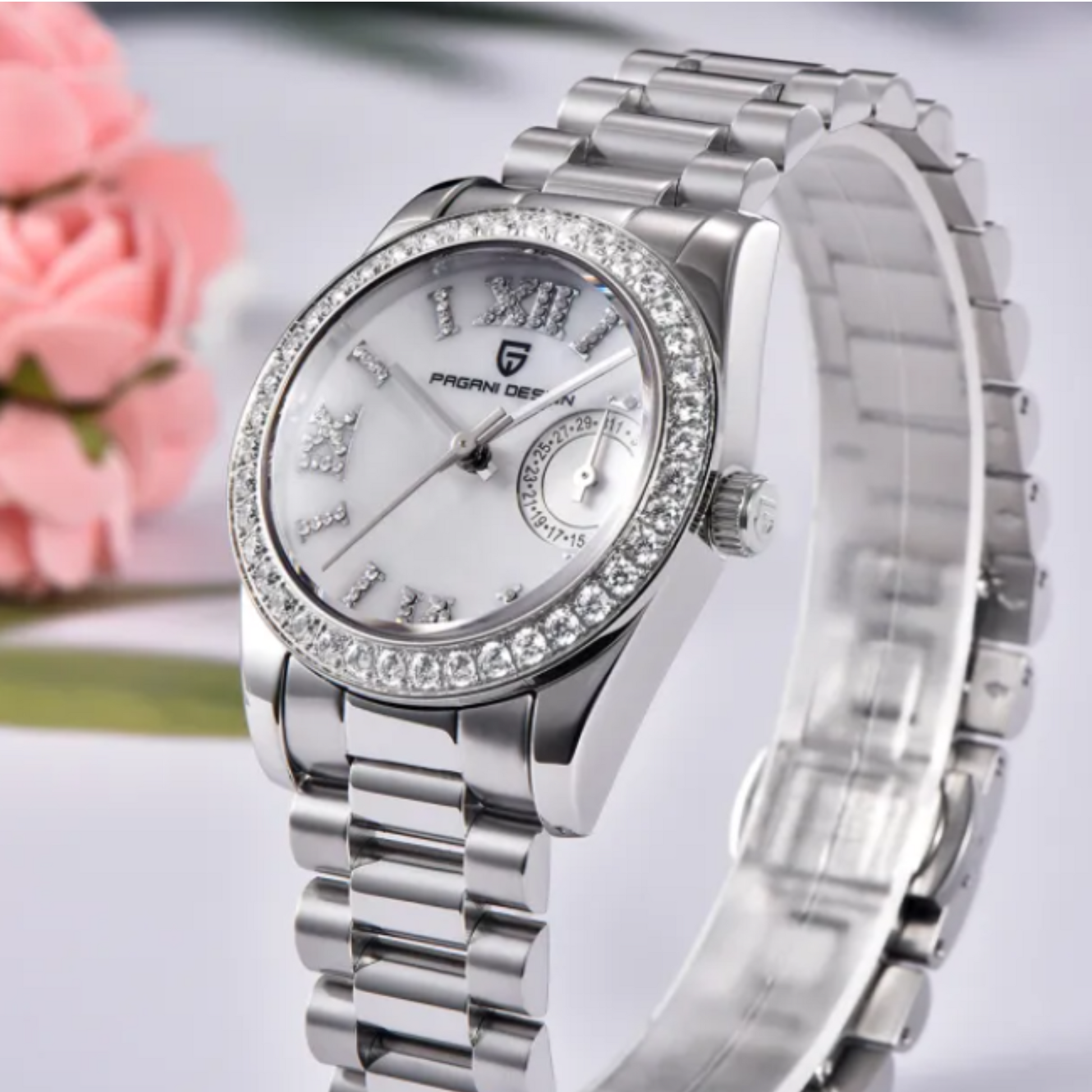 PAGANI DESIGN PD-1776 Luxury Stainless Steel Waterproof Wrist Watch for Women Diamond Bezel Sapphire Dial 32 mm - Frost White
