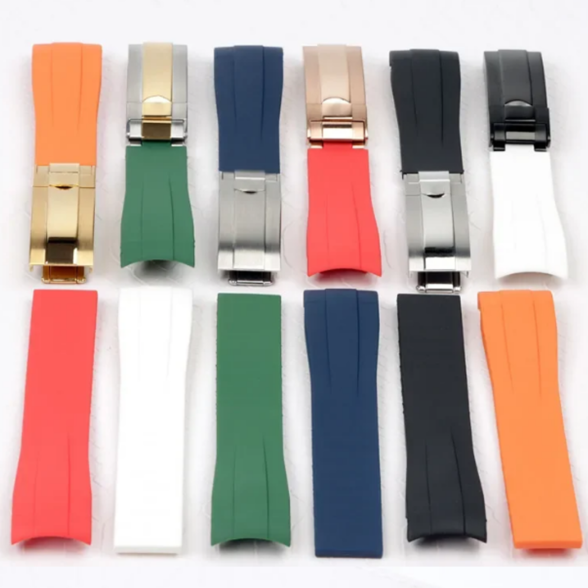 High End Curved FKM Rubber Watch Band with Oyster Style Deployment Clasp: 20 mm - Black with Gold Dual tone