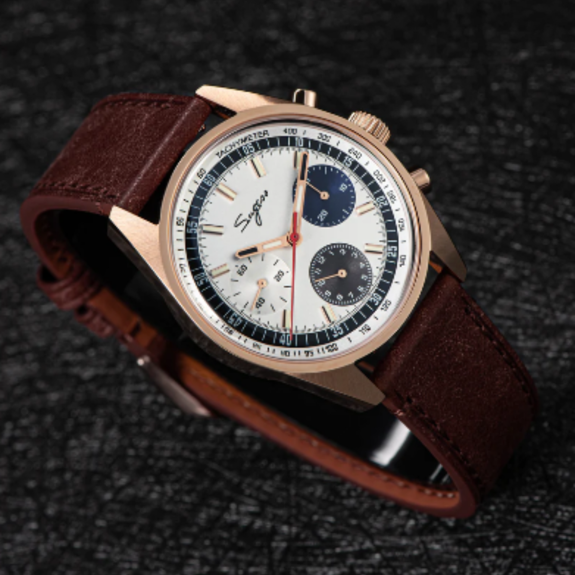 Sugess Chrono Heritage 442 Chronograph Special Dial Swan Neck Regulator White Dial with Brown Strap