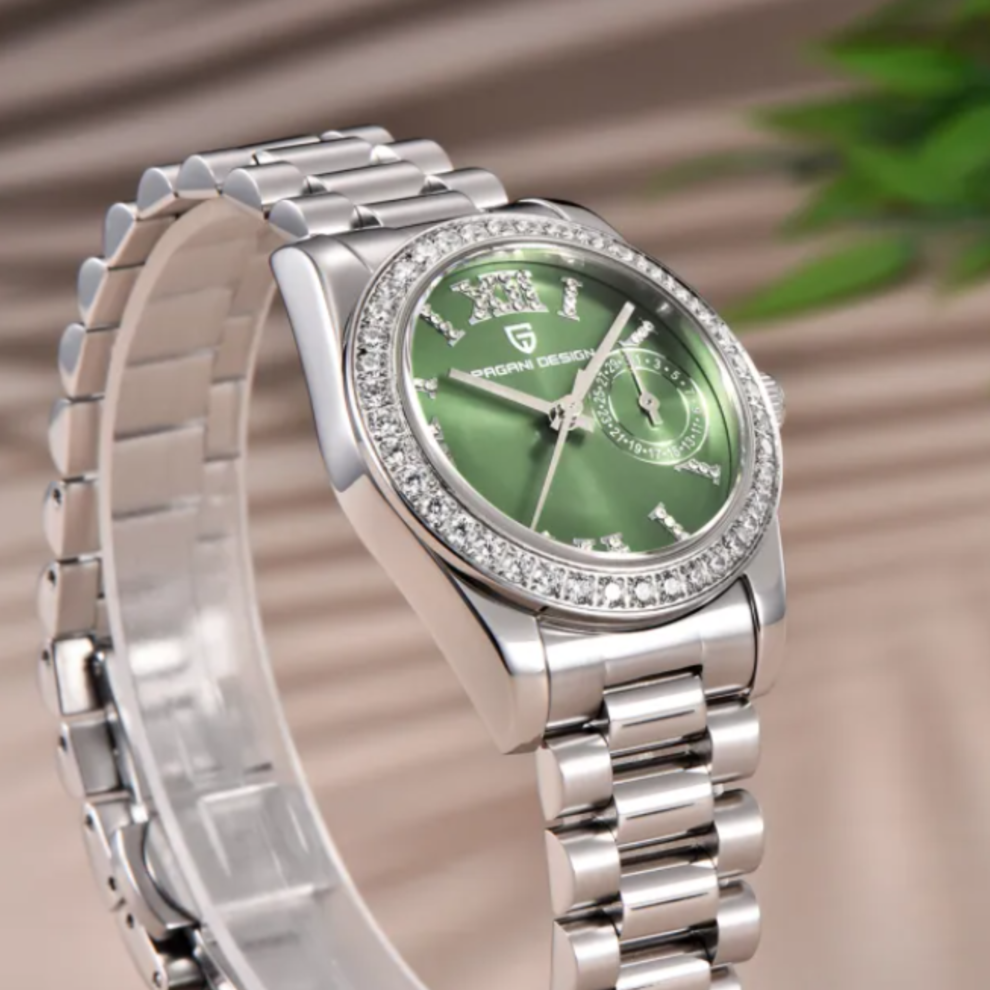 PAGANI DESIGN PD-1776 Luxury Stainless Steel Waterproof Wrist Watch for Women Diamond Bezel Sapphire Dial 32 mm - Aqua Green