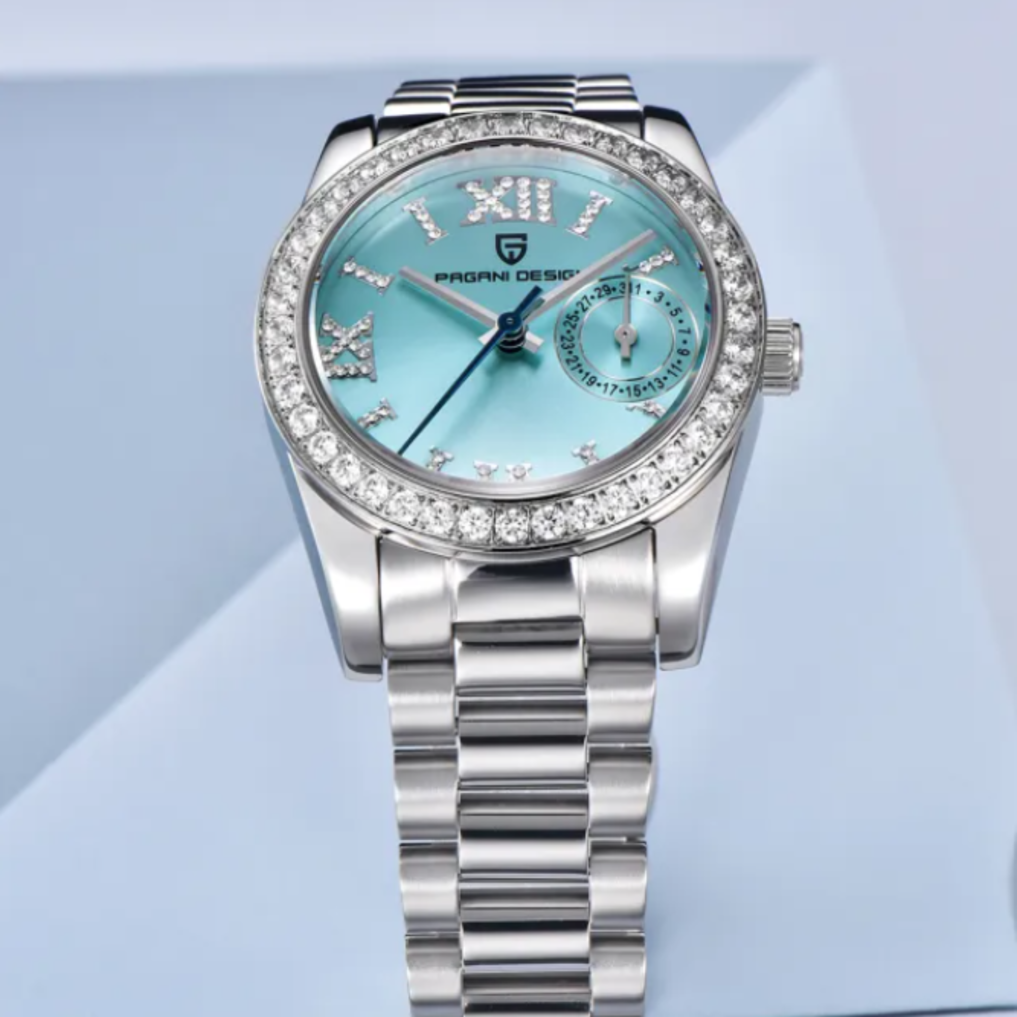 PAGANI DESIGN PD-1776 Luxury Stainless Steel Waterproof Wrist Watch for Women Diamond Bezel Sapphire Dial 32 mm - Ice Blue