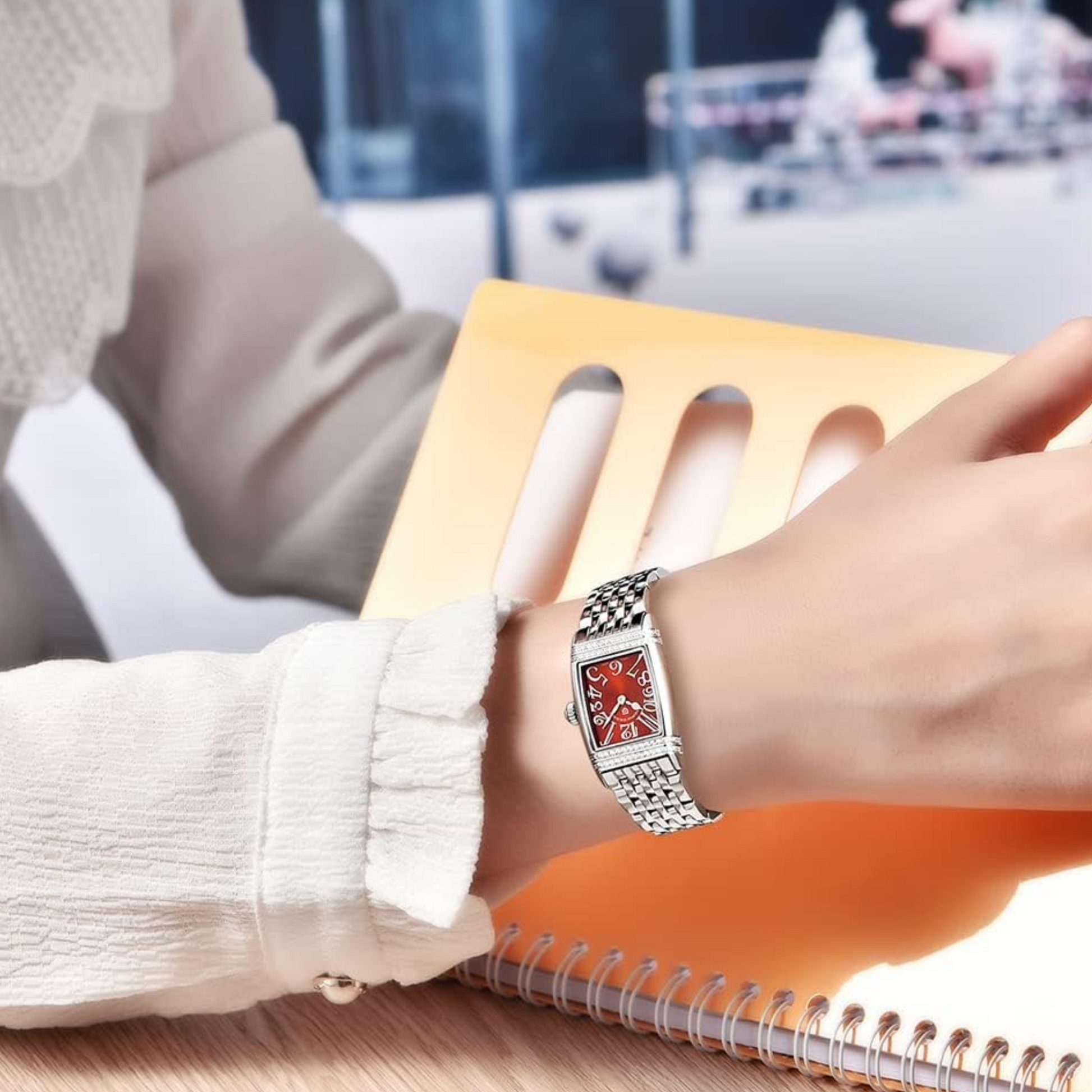 Pagani Design PD-1737 Women's Quartz Watches 22mm with Stone Set Rectangle Case, Analogue Display and Stainless Steel Ladies Watch - Silver Red