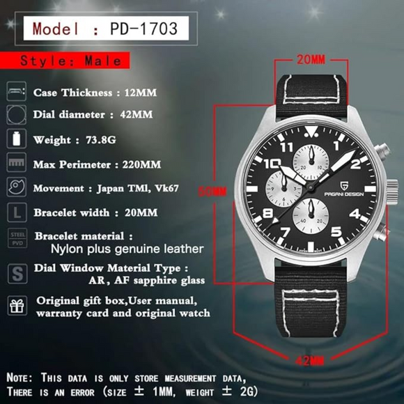 Pagani Design PD-1703 42MM Pilot Chronograph Men's with Seiko VK67 Quartz Watch with Crystal AR Coating - Black Dial With Black Leather Strap