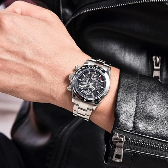PAGANI DESIGN PD-1777 Automatic Stainless Steel Skeleton Mechanical Wrist Watch - Silver Black