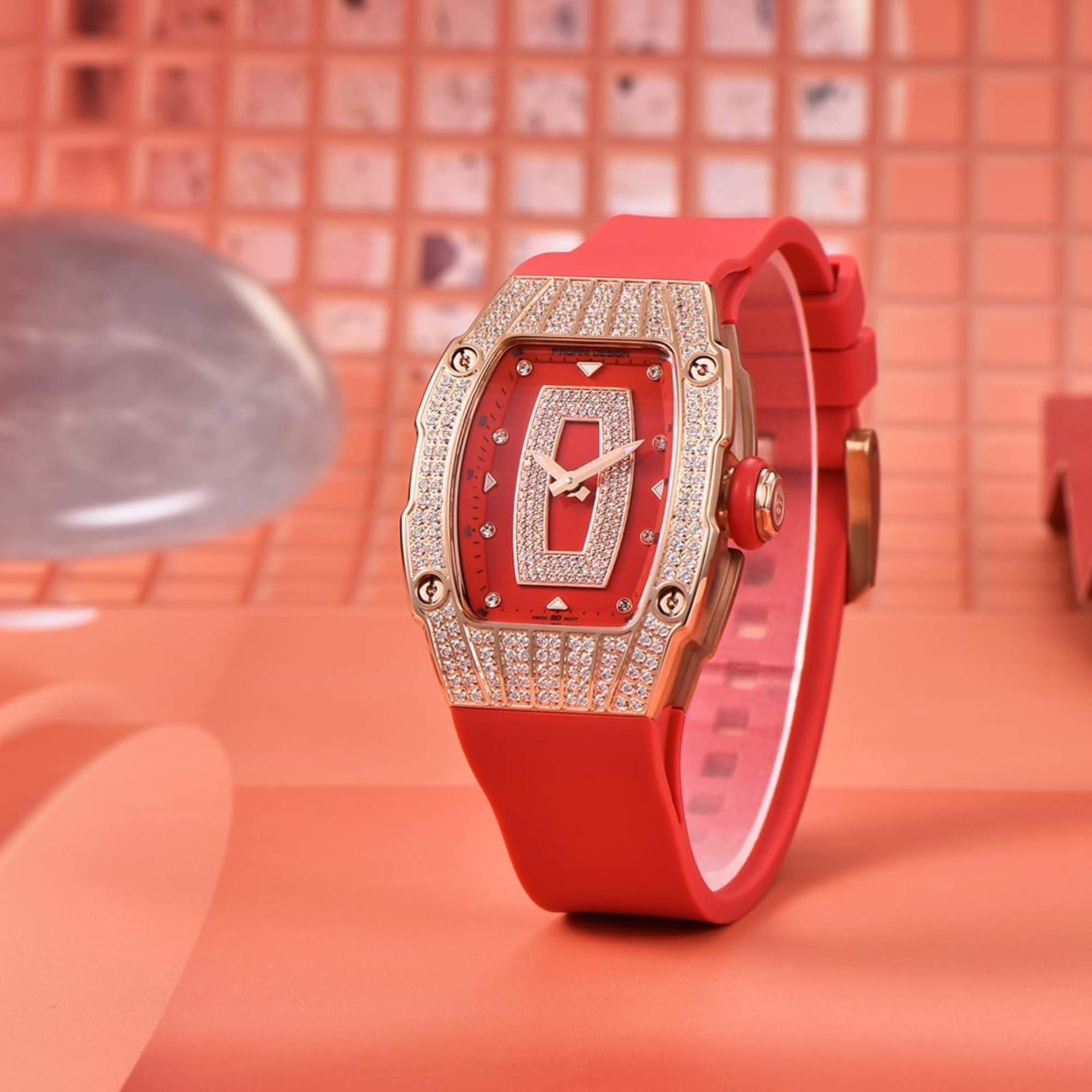 Pagani Design PD-YS013 Bergani Fashion Women's Diamond Inlaid Watch Waterproof Sports Waterproof Night Glow Trend Silicone Women's Watch - Gold Red
