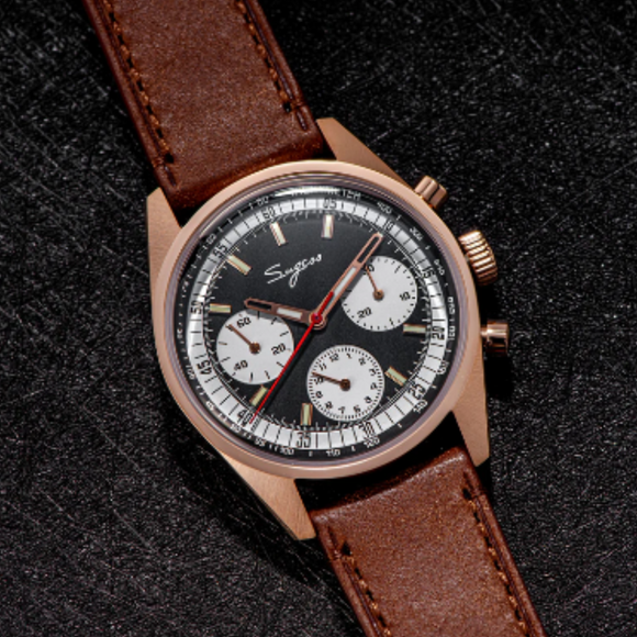 Sugess Chrono Heritage 442 Chronograph Special Dial Swan Neck Regulator Black Dial With Brown Strap