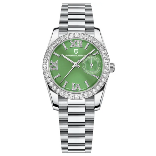 PAGANI DESIGN PD-1776 Luxury Stainless Steel Waterproof Wrist Watch for Women Diamond Bezel Sapphire Dial 32 mm - Aqua Green