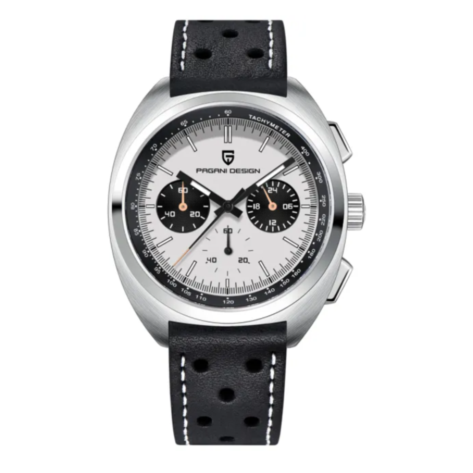 PAGANI DESIGN PD-1782 Men's Quartz Watches Chronograph Stainless Steel 40mm Sports Wrist Watch for Men - White Dial With Black Leather Strap