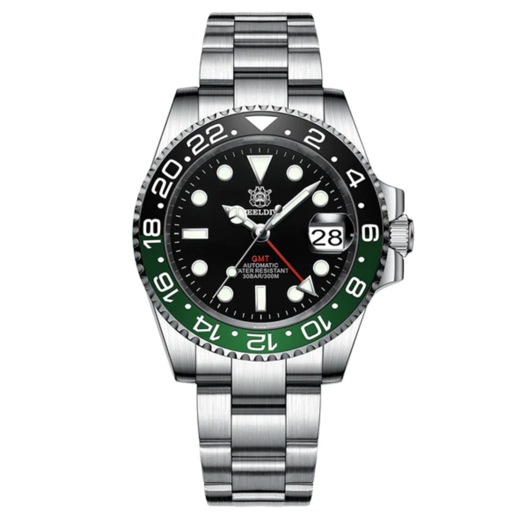 Steeldive SD1993 NH34 GMT Automatic Watch V2 Green/Black Dial With Oyster Bracelet