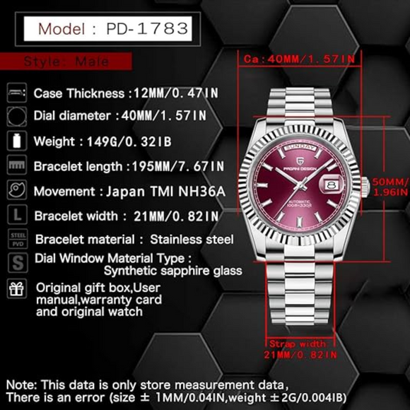 Pagani Design DD40 PD-1783 Men's Luxury Automatic Watch with AR Sapphire Glass and NH36A Movement - Grey Dial/ Wimbledon