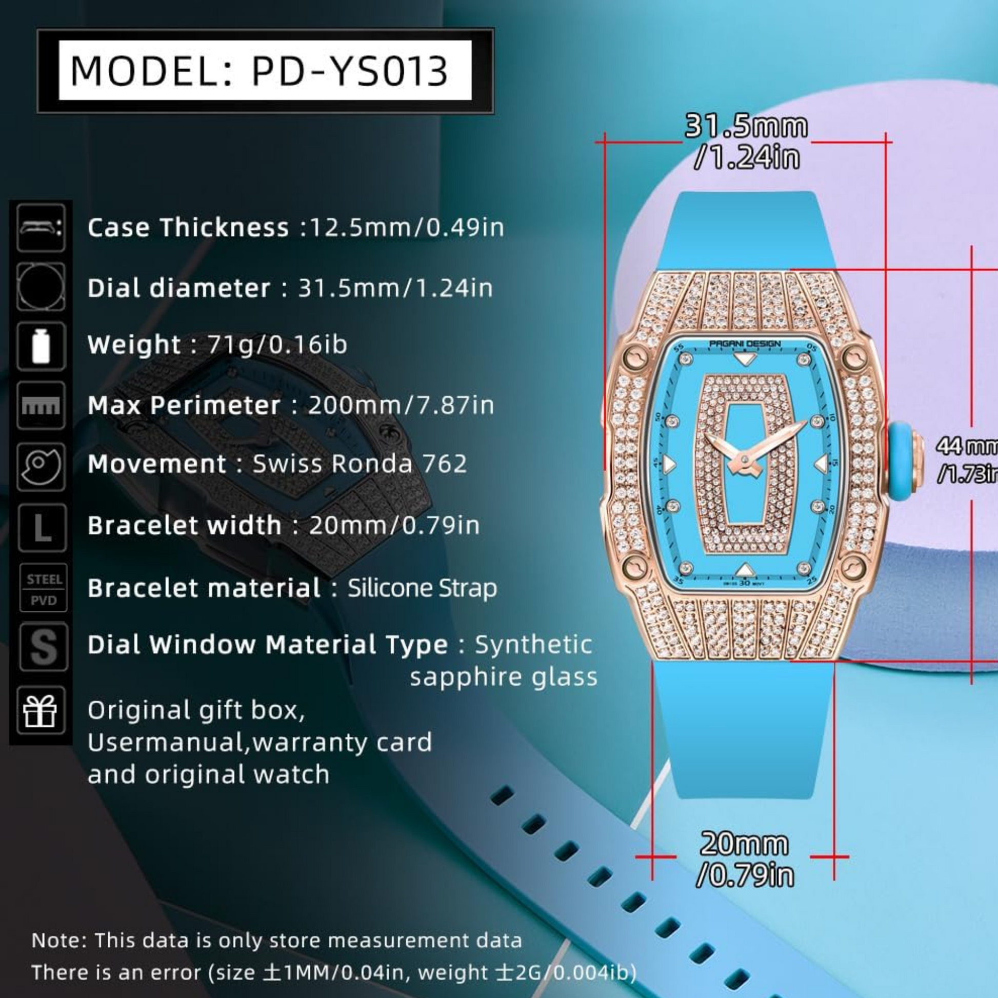 Pagani Design PD-YS013 Bergani Fashion Women's Diamond Inlaid Watch Waterproof Sports Waterproof Night Glow Trend Silicone Women's Watch - Gold Blue