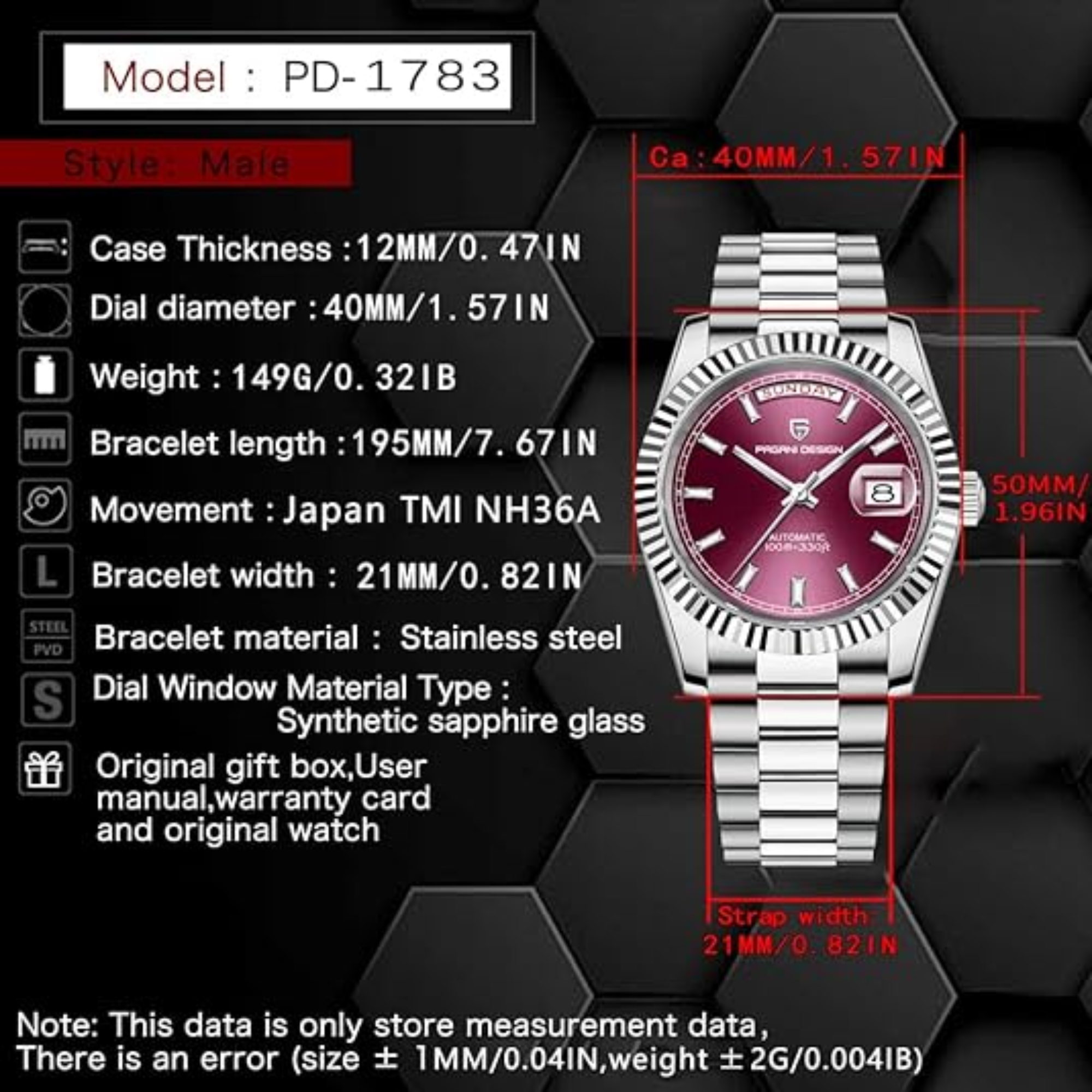 Pagani Design DD40 PD-1783 Men's Watches Luxury Automatic Watch AR Sapphire Glass Mechanical Wristwatch Men NH36A  - Maroon Dial