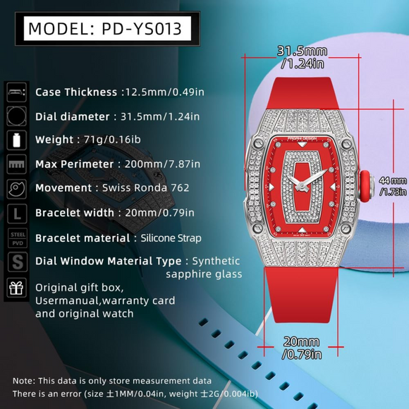 Pagani Design PD-YS013 Bergani Fashion Women's Diamond Inlaid Watch Waterproof Sports Waterproof Night Glow Trend Silicone Women's Watch - Silver Red