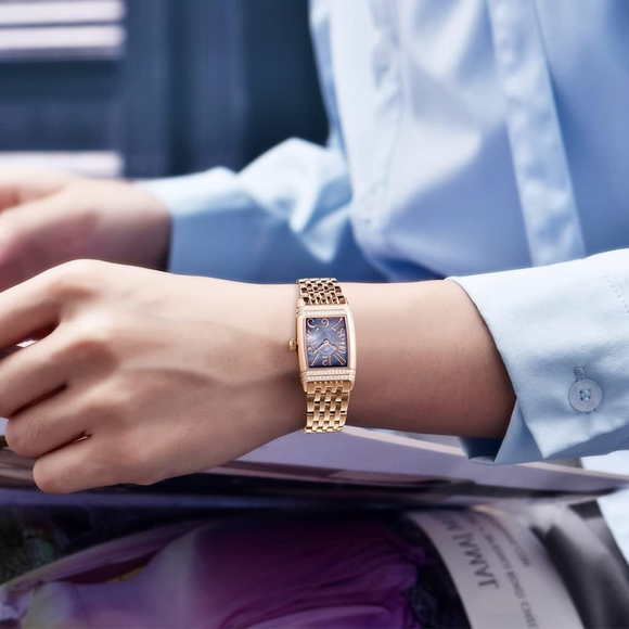 Pagani Design PD-1737 Women's Quartz Watches 22mm with Stone Set Rectangle Case, Analogue Display and Stainless Steel Ladies Watch - Gold MOP Purple