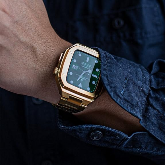 Luxury Metal Mod Kit For Apple Watch | Case With Jewels, Rubber & Stainless Steel Straps | Apple Watch SE/3/4/5/6 Accessory - 45 Mm| Golden Case - Golden Band