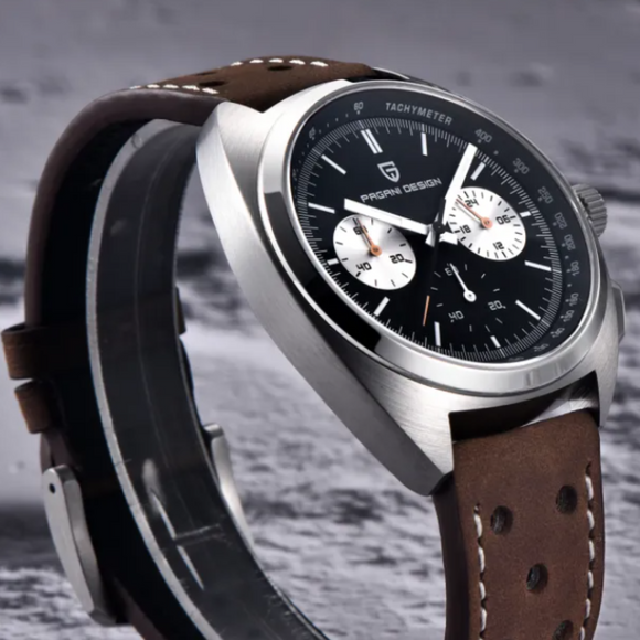 PAGANI DESIGN PD-1782 Men's Quartz Watches Chronograph Stainless Steel 40mm Sports Wrist Watch for Men - Black Dial With Brown Leather Strap