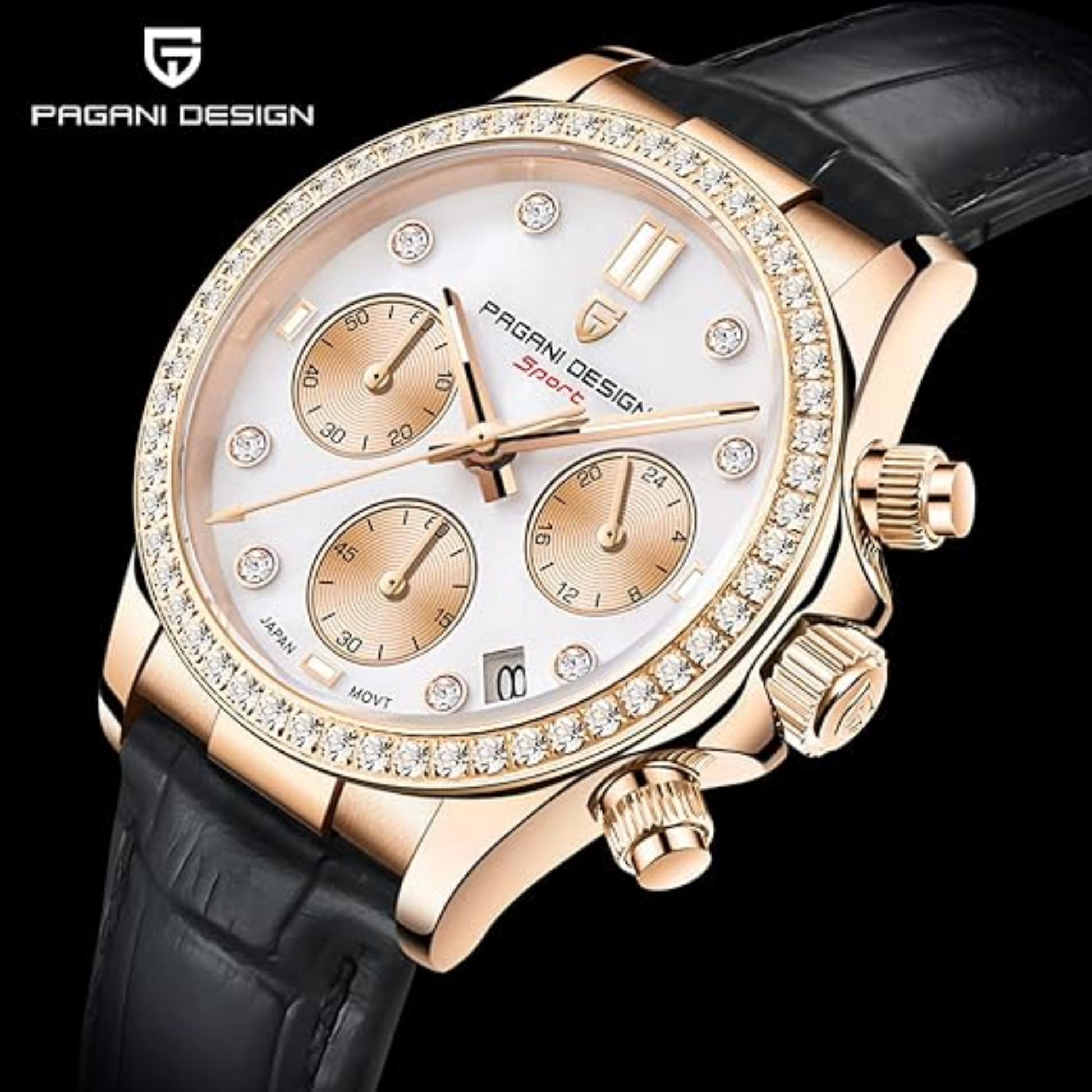 Pagani Design PD1730 Chronograph Date Quartz women's Watch  - Gold Dial with Black Strap