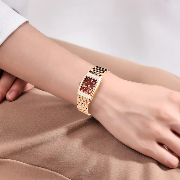 Pagani Design PD-1737 Women's Quartz Watches 22mm with Stone Set Rectangle Case, Analogue Display and Stainless Steel Ladies Watch - Gold Red