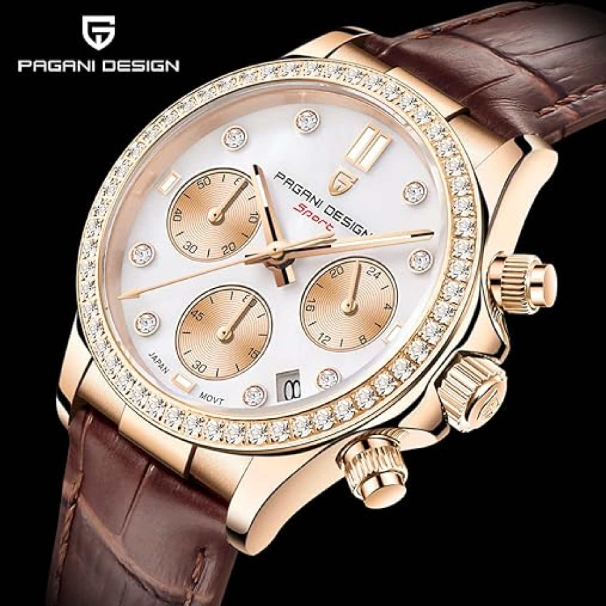 Pagani Design PD1730 Chronograph Date Quartz women's Watch  - Gold Dial with Brown Strap