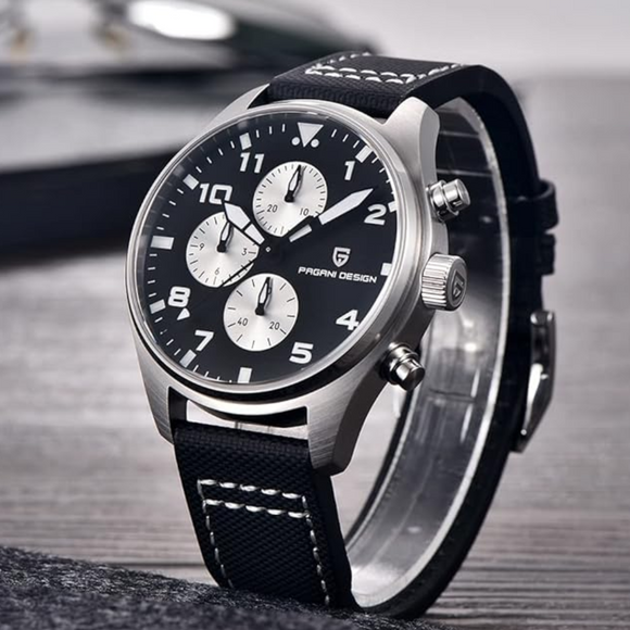 Pagani Design PD-1703 42MM Pilot Chronograph Men's with Seiko VK67 Quartz Watch with Crystal AR Coating - Black Dial With Black Nylon Strap
