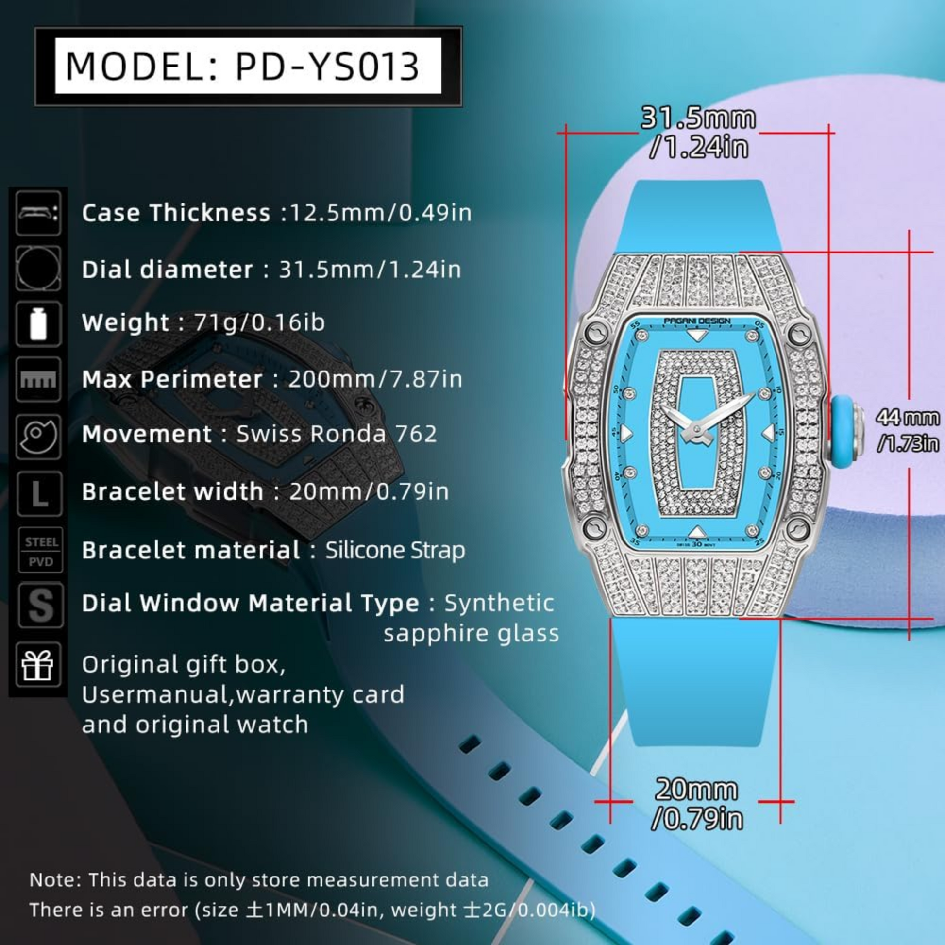 Pagani Design PD-YS013 Bergani Fashion Women's Diamond Inlaid Watch Waterproof Sports Waterproof Night Glow Trend Silicone Women's Watch - Silver Blue