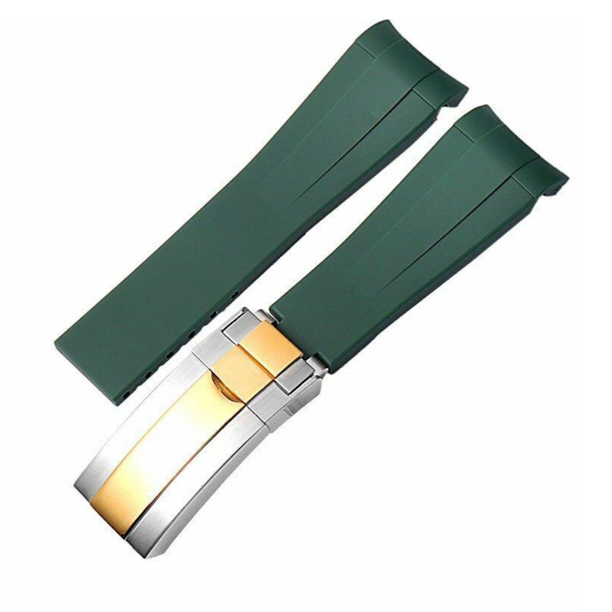 High End Curved FKM Rubber Watch Band with Oyster Style Deployment Clasp: 20 mm - Green with Gold Dual tone