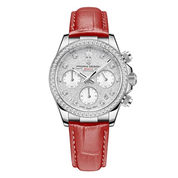 Pagani Design PD1730 Chronograph Date Quartz women's Watch  - White Dial with Red Strap