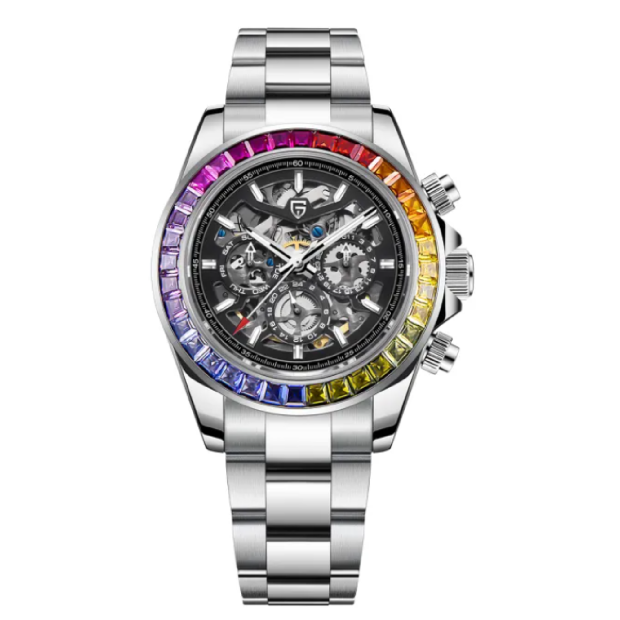 PAGANI DESIGN PD-1777 Automatic Stainless Steel Skeleton Mechanical Wrist Watch - Rainbow Bezel