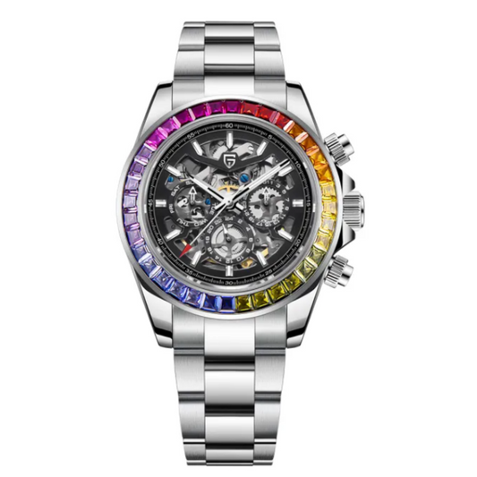 PAGANI DESIGN PD-1777 Automatic Stainless Steel Skeleton Mechanical Wrist Watch - Rainbow Bezel