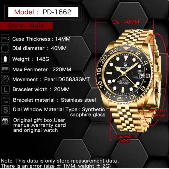 PAGANI DESIGN  PD-1662 V5 Ceramic Bezel Automatic 100M Waterproof GMT Watch for Men - Black/Golden