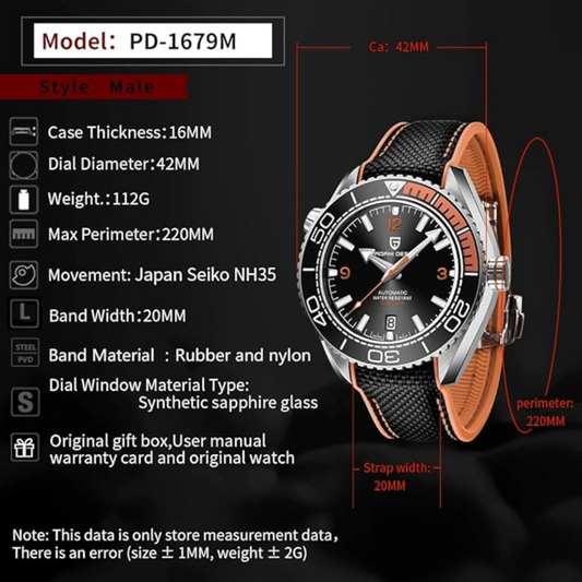 Pagani Design PD-1679M 42MM (Japanese NH-35 Automatic Movement) Mechanical Watch 100M Waterproof Dive Watch Sapphire Stainless Steel Bracelet Watch "Seamaster 300" - Black Dial