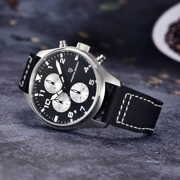 Pagani Design PD-1703 42MM Pilot Chronograph Men's with Seiko VK67 Quartz Watch with Crystal AR Coating - Black Dial With Black Nylon Strap