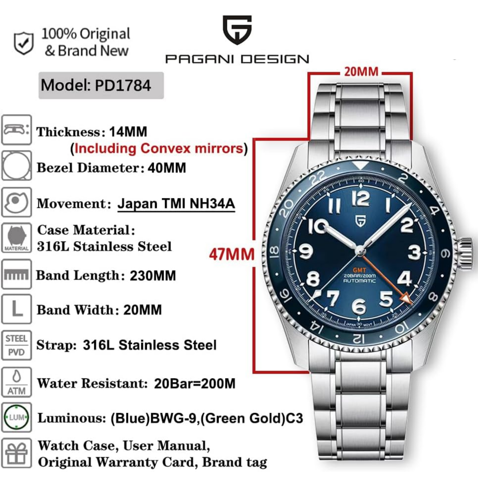 Pagani Design PD-1784 Men's Automatic Mechanical Watch NH34 Japanese Movement GMT Stainless Steel 200M Waterproof Business Watch 40mm - Blue Dial