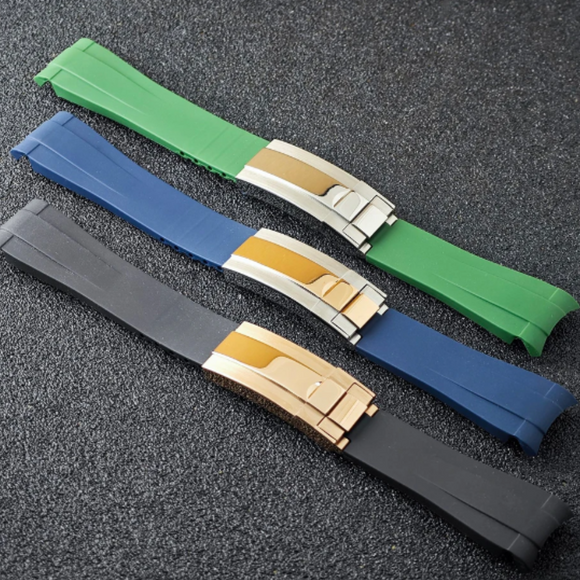High End Curved FKM Rubber Watch Band with Oyster Style Deployment Clasp: 20 mm - Black with Rose Gold Dual tone