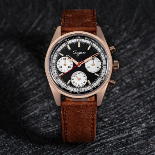 Sugess Chrono Heritage 442 Chronograph Special Dial Swan Neck Regulator Black Dial With Brown Strap