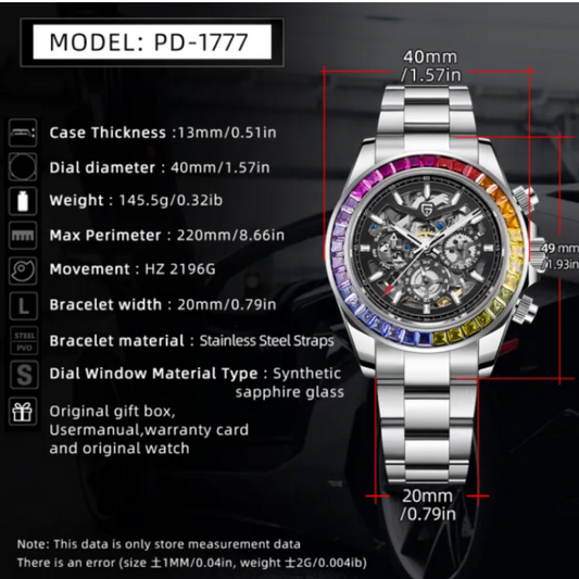 PAGANI DESIGN PD-1777 Automatic Stainless Steel Skeleton Mechanical Wrist Watch - Rainbow Bezel